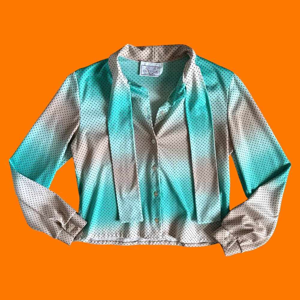70's vintage cropped long sleeve pussybow blouse top SMALL
